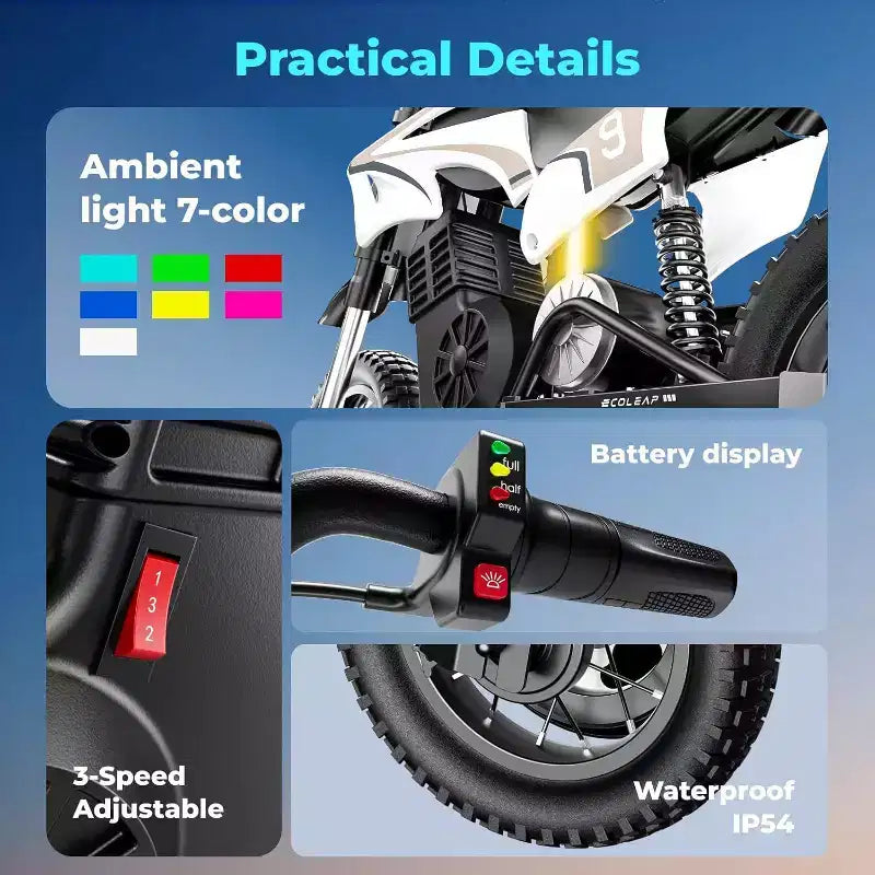 Moto tout-terrain électrique pour enfants ECOLEAP K1, 36V, rapide (25 km/h), autonomie de 22 km, moteur de pointe 700W, 3 modes de vitesse, pneus tout-terrain de 12 pouces, homologuée UL, pour les 3-10 ans.