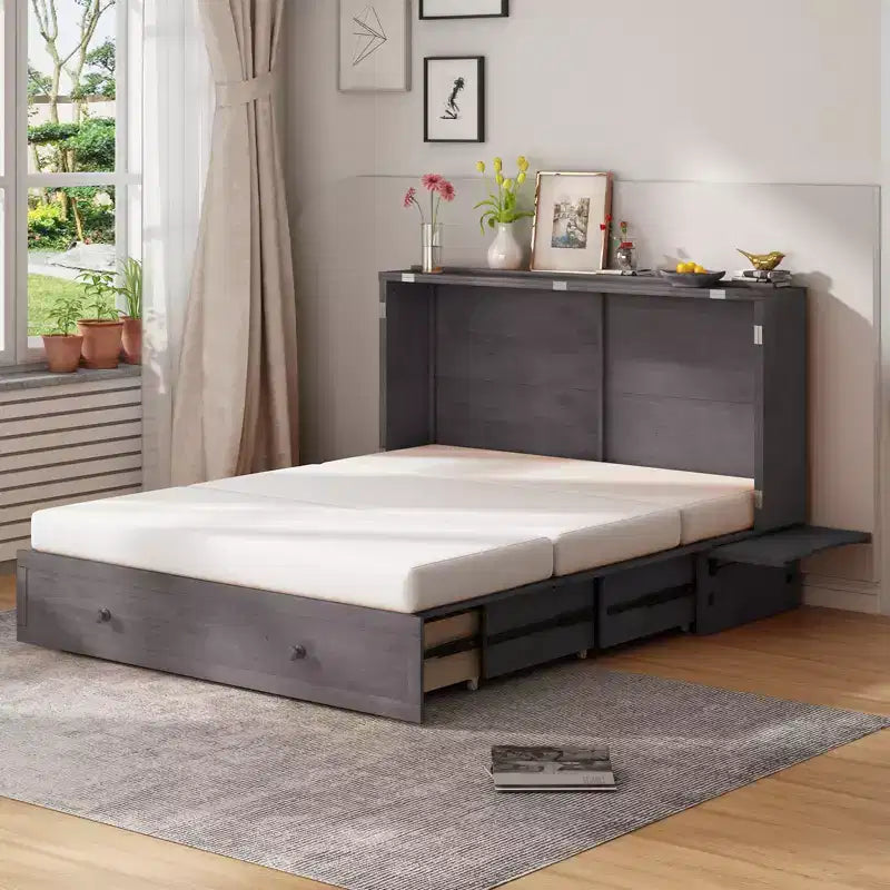 Lit escamotable Mjkone Murphy Queen, lit coffre Cube avec station de charge et espace de rangement