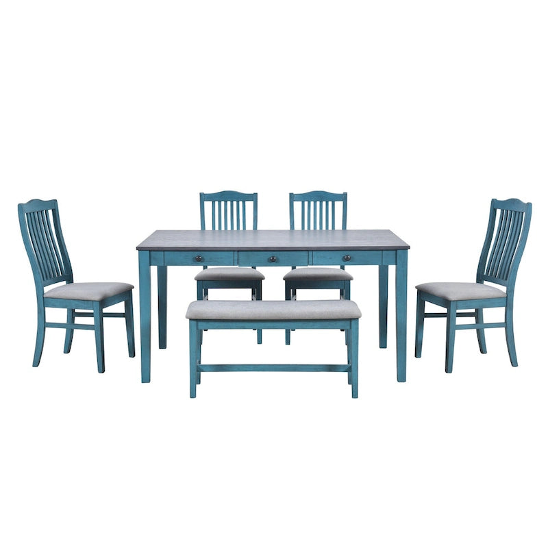 Ensemble de salle à manger 6 pièces en bois avec 4 chaises et un banc, table avec tiroir