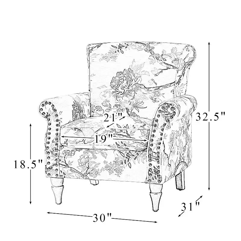 Fauteuil en bois traditionnel Araceli, rembourré à motifs floraux, avec dossier à oreilles et garniture cloutée | ART OF LIVING DESIGNS