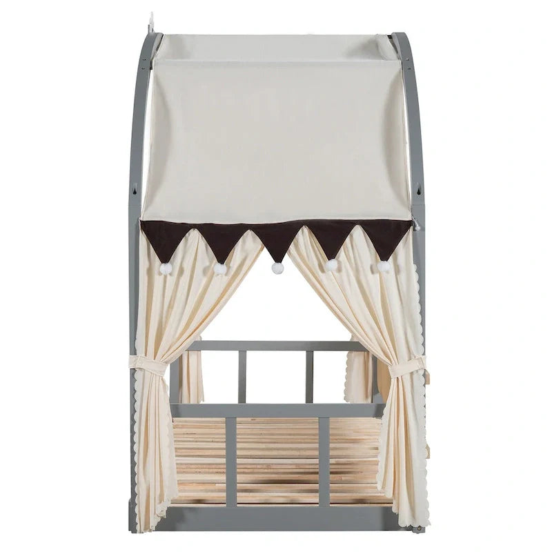 Lit cabane Montessori en bois massif avec plateforme, toit voûté et lit gigogne pour filles et garçons