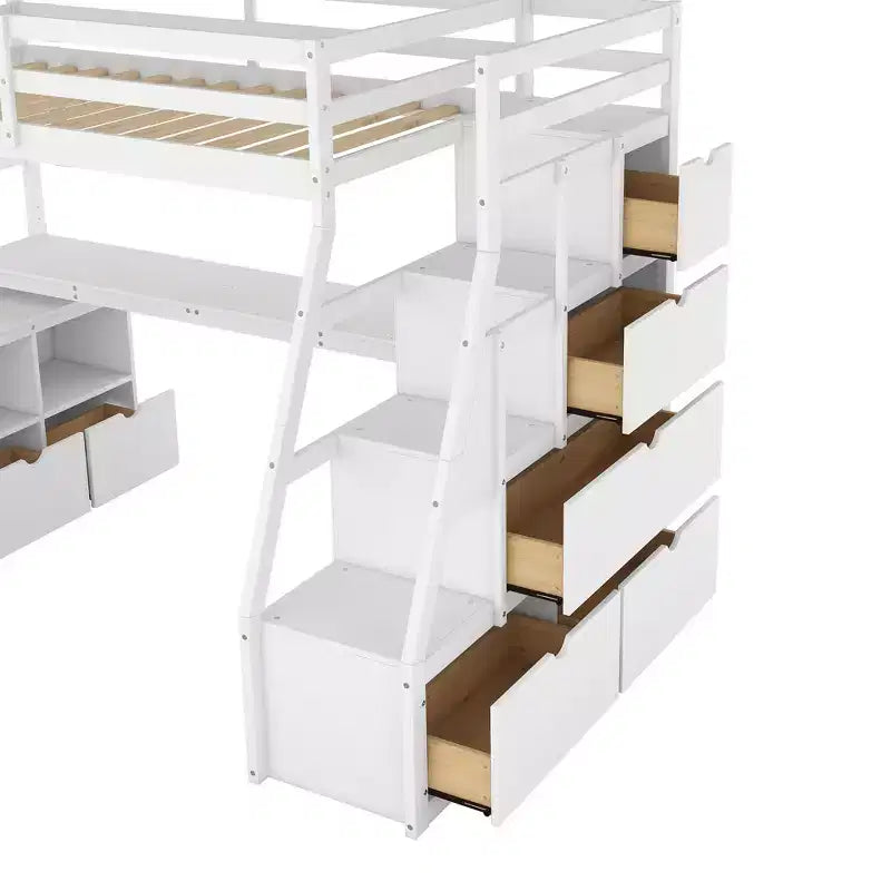 Lit mezzanine simple avec 7 tiroirs, 2 étagères, armoire et bureau pour enfants et adolescents