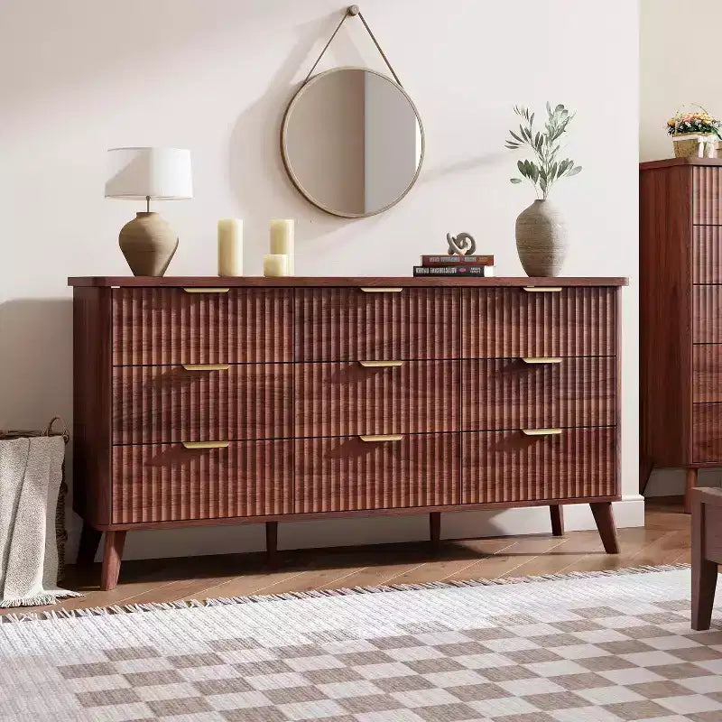 Commode cannelée à 9 tiroirs, commode moderne, meuble TV en bois, design à profil incurvé, pour salon, couloir