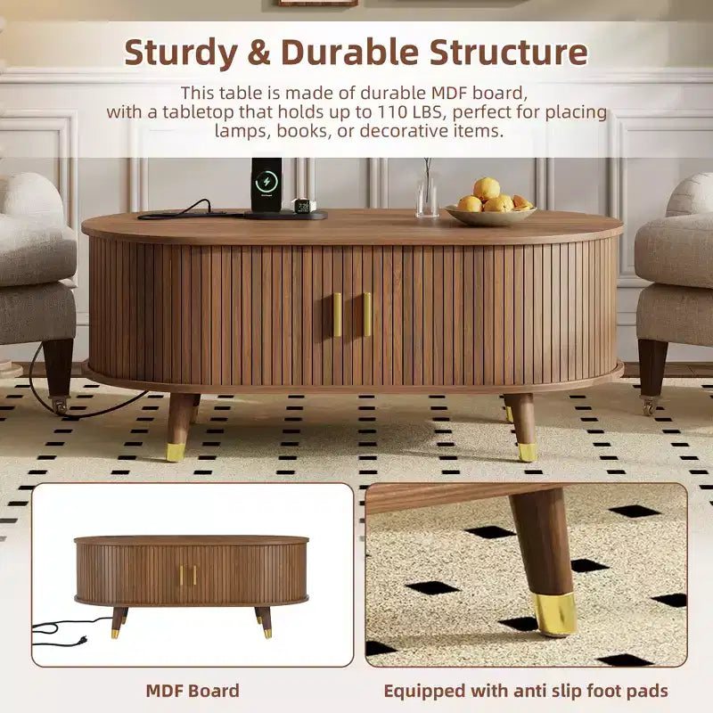 CLIHOME Meuble TV et table basse de ferme en bois avec station de recharge, console multimédia ovale cannelée pour TV jusqu'à 80 pouces