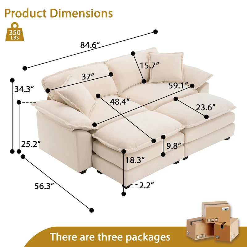 Canapé 2 places avec 2 coussins de siège, 2 oreillers et 2 poufs, canapé confortable - Canapé profond de salon, canapé modulable