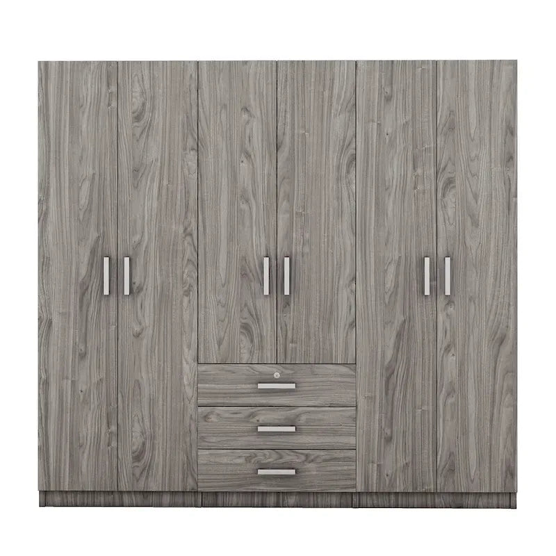 Armoire 6 portes en bois avec 3 grands tiroirs de rangement pour chambre à coucher