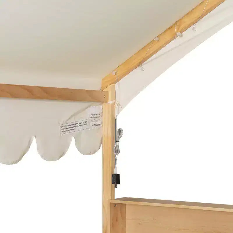 Cadre de lit en bois pleine grandeur Whisen, lit de repos en forme de maison avec clôture, 3 étagères de rangement, rideau