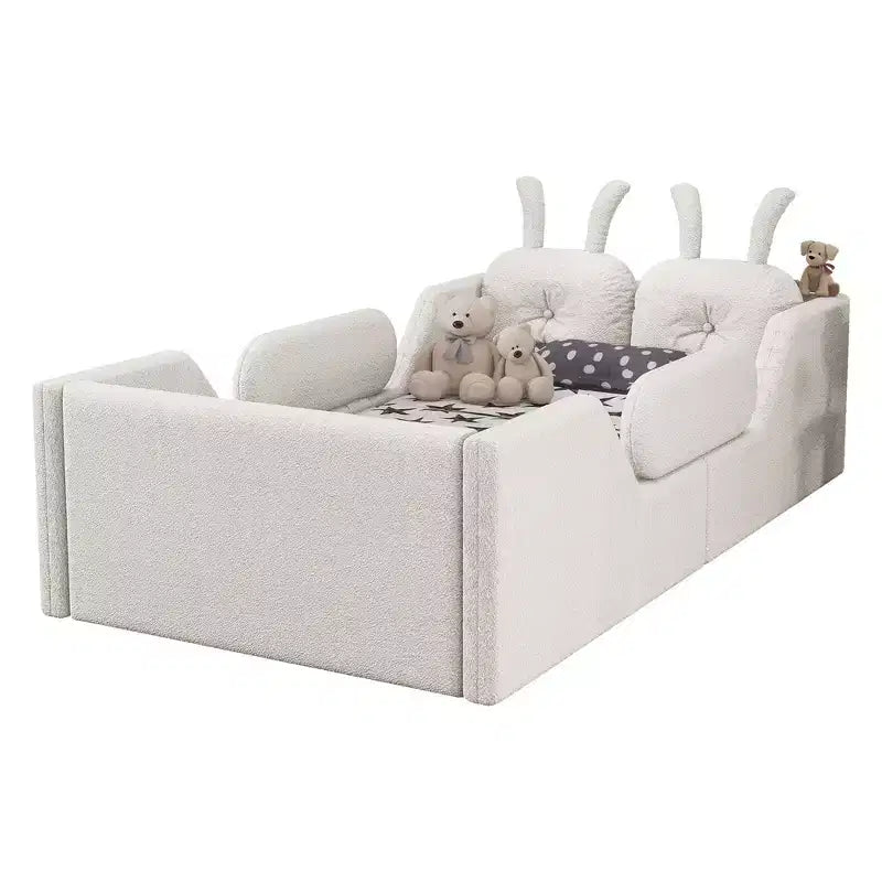 Lit plateforme double Whisen, cadre de lit rembourré pour enfants avec coussin lapin, barrières latérales amovibles