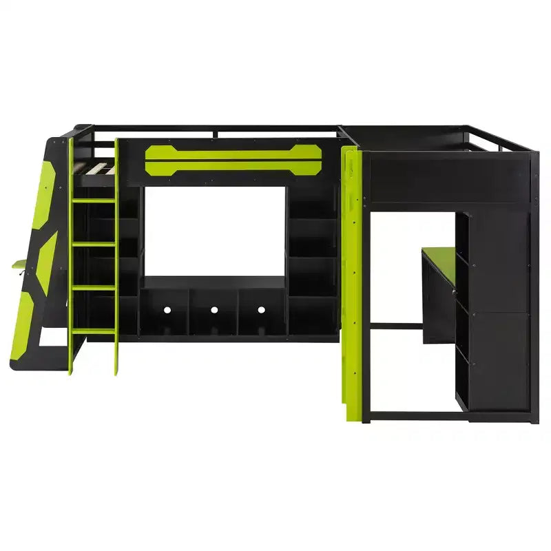 Lit mezzanine de jeu en L avec bureaux, lits superposés doubles avec lumières LED, ports USB, étagères de rangement, lit mezzanine d'angle en bois pour 2 personnes
