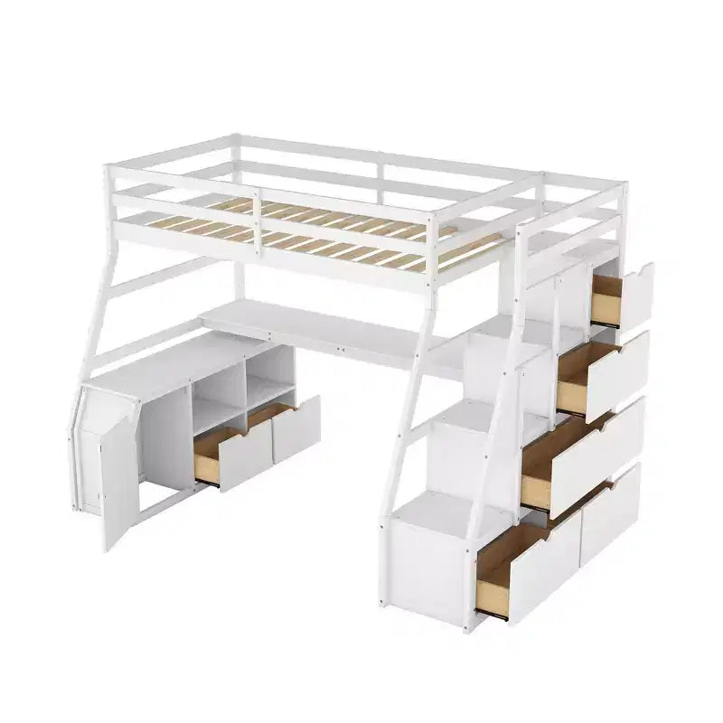 Lit mezzanine simple avec 7 tiroirs, 2 étagères, armoire et bureau pour enfants et adolescents