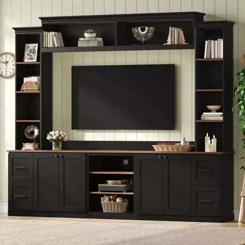 Meuble TV mural 4-en-1 ModernLuxe de style campagnard, convient aux téléviseurs jusqu'à 70 pouces, meuble TV console multimédia avec étagères réglables et tiroirs