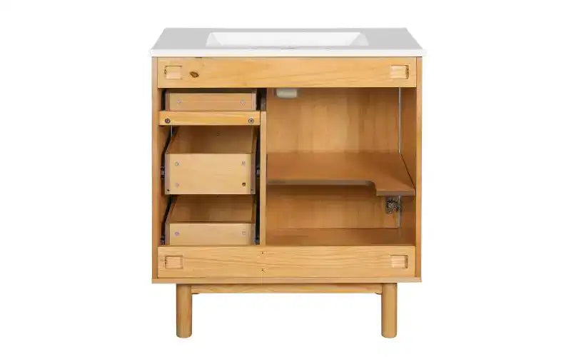 JVNOXK Meuble sous-vasque rustique moderne en céramique de 30 pouces avec 3 tiroirs et 1 grande porte à fermeture douce, meuble de rangement, grain de bois naturel