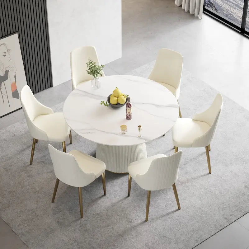 Table à manger ronde de 53 po pour 6 personnes avec plateau en pierre sintérisée et plateau tournant