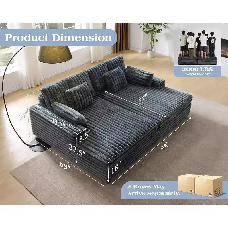 AMERLIFE Canapé double méridienne 93 po pour deux, canapé nuage avec assise profonde, coussins lombaires et accoudoirs larges, assemblage facile, fausse fourrure