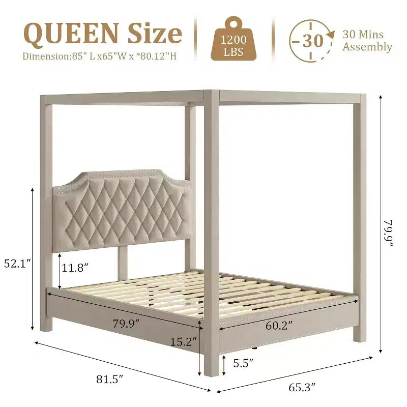 Cadre de lit à baldaquin Queen Size avec 4 poteaux, supports d'angle, sommier à lattes en bois massif, pas besoin de sommier tapissier, sans bruit