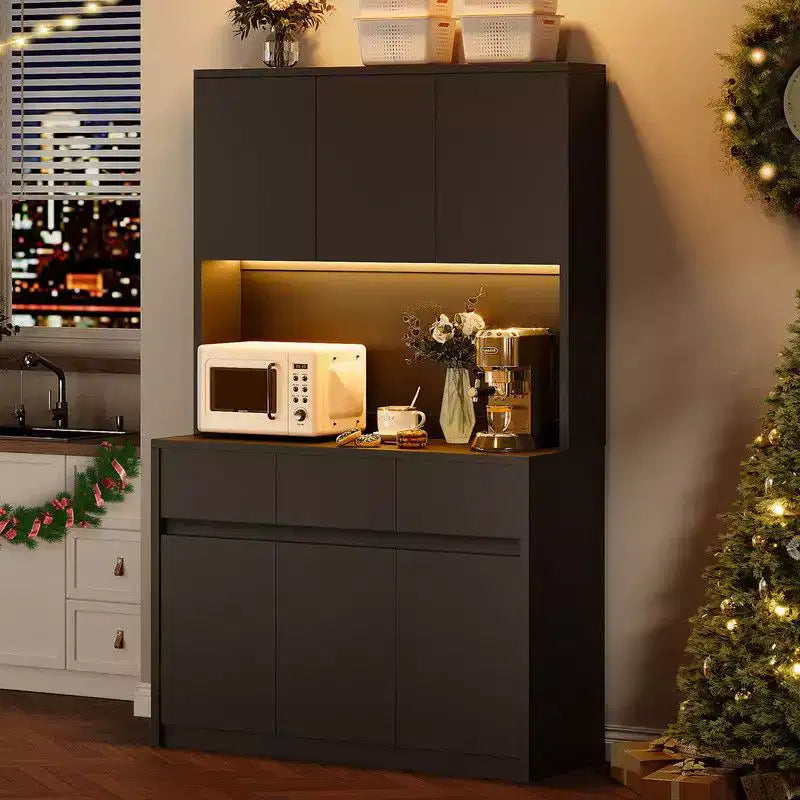 Armoire de cuisine de 71 pouces, vaisselier avec lumières LED et prises de courant, buffet avec support pour micro-ondes, étagères réglables