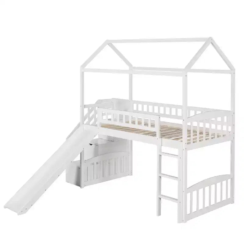 Lit mezzanine jumeau avec toboggan et escalier, lit mezzanine avec tiroirs de rangement, lit mezzanine cabane en bois pour enfants et tout-petits