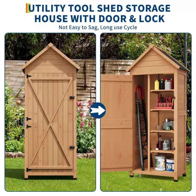 Armoire à outils d'extérieur en bois imperméable, avec portes doubles verrouillables, 3 étagères réglables et toit incliné – Rangement peu encombrant pour terrasse, cour ou pelouse