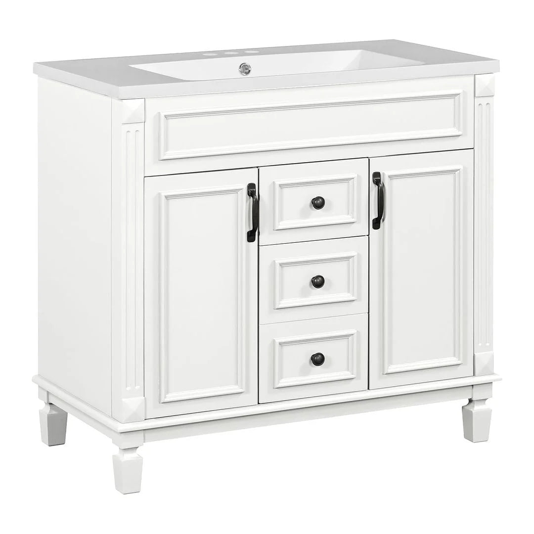 Meuble-lavabo de salle de bain moderne de 91 cm avec lavabo et armoire de toilette, 2 portes et 2 tiroirs