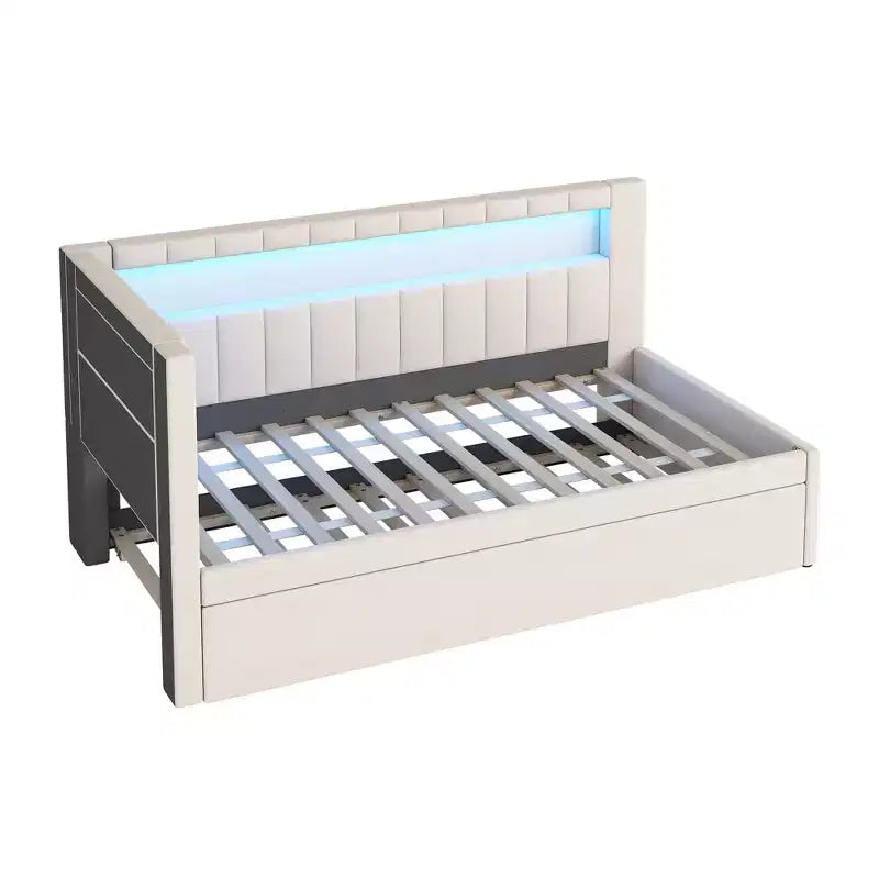 Lit de repos double/complet avec tiroir gigogne et tête de lit bibliothèque en L, lit d'angle doux rembourré en lin avec étagères de rangement et bande LED