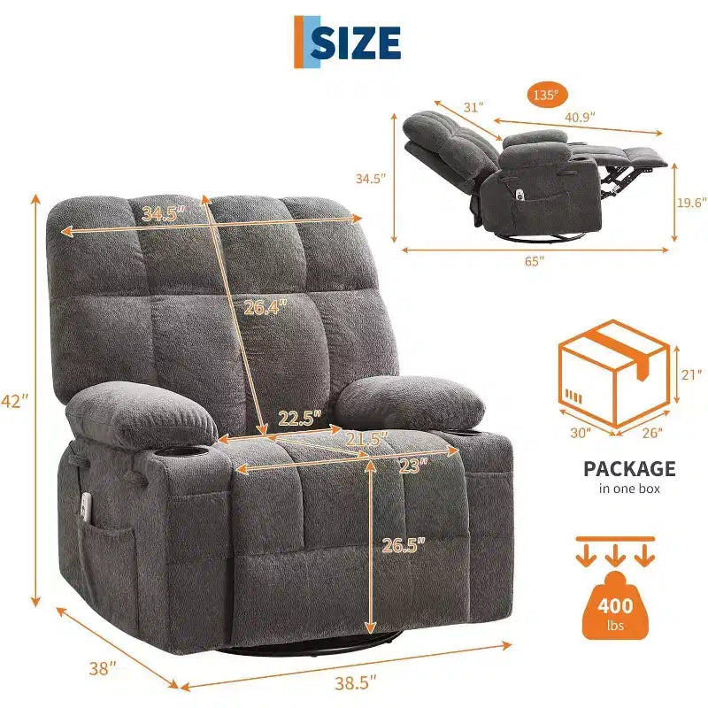 Fauteuil inclinable surdimensionné pour adultes, canapé berçant pivotant manuel, poches latérales et porte-gobelets pour personnes fortes et de grande taille, salon
