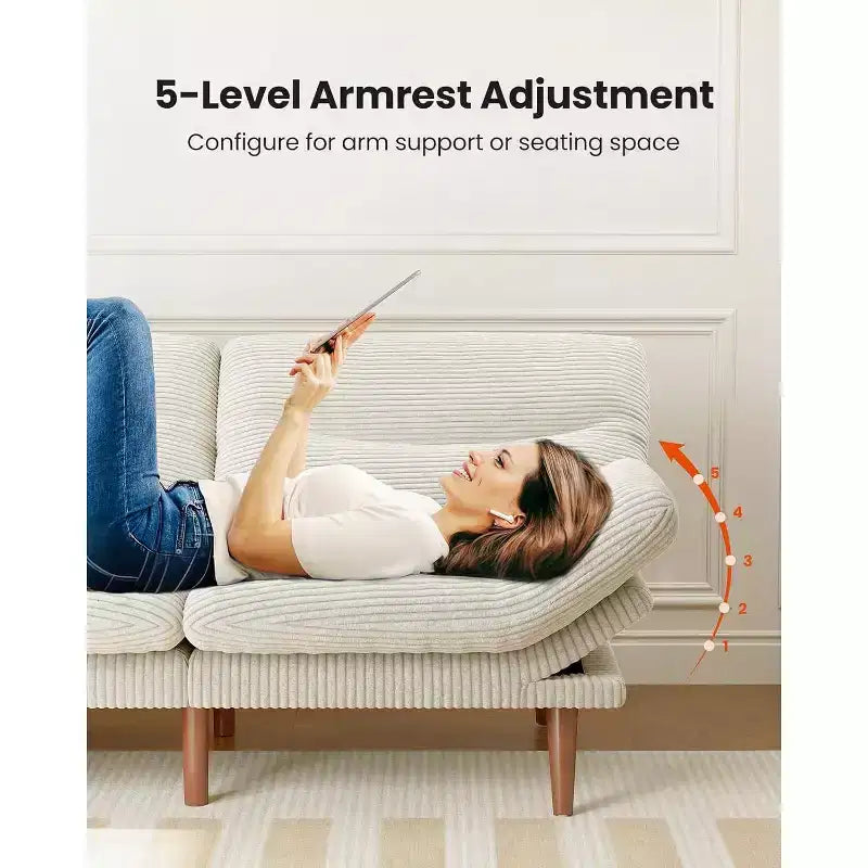 Canapé-lit 168 cm en velours côtelé, avec dossier et accoudoirs réglables, idéal pour les petits espaces, les salons ou les bureaux comme futon.