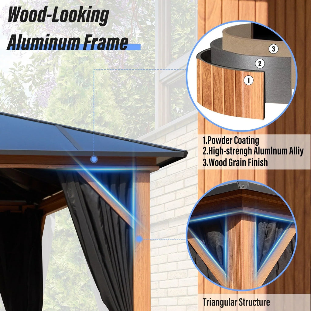 Tonnelle EROMMY à toit rigide, pergola extérieure avec double toit, moustiquaire et rideaux, auvent robuste pour patio, jardin, fête au bord de la piscine