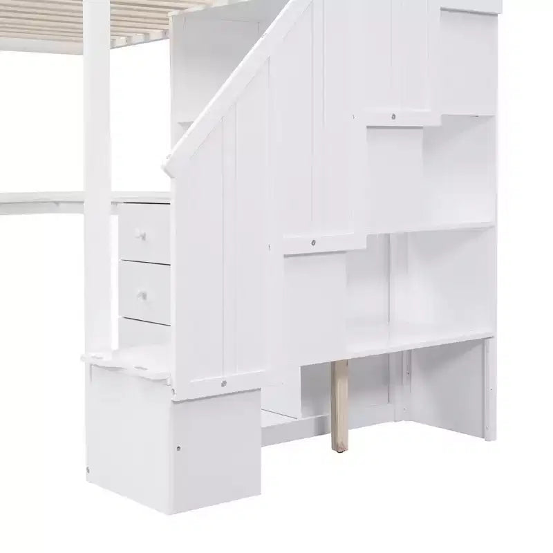 Lit mezzanine une place avec bureau en L, 3 tiroirs, placard, rangements intégrés dans l'escalier, en pin massif/MDF