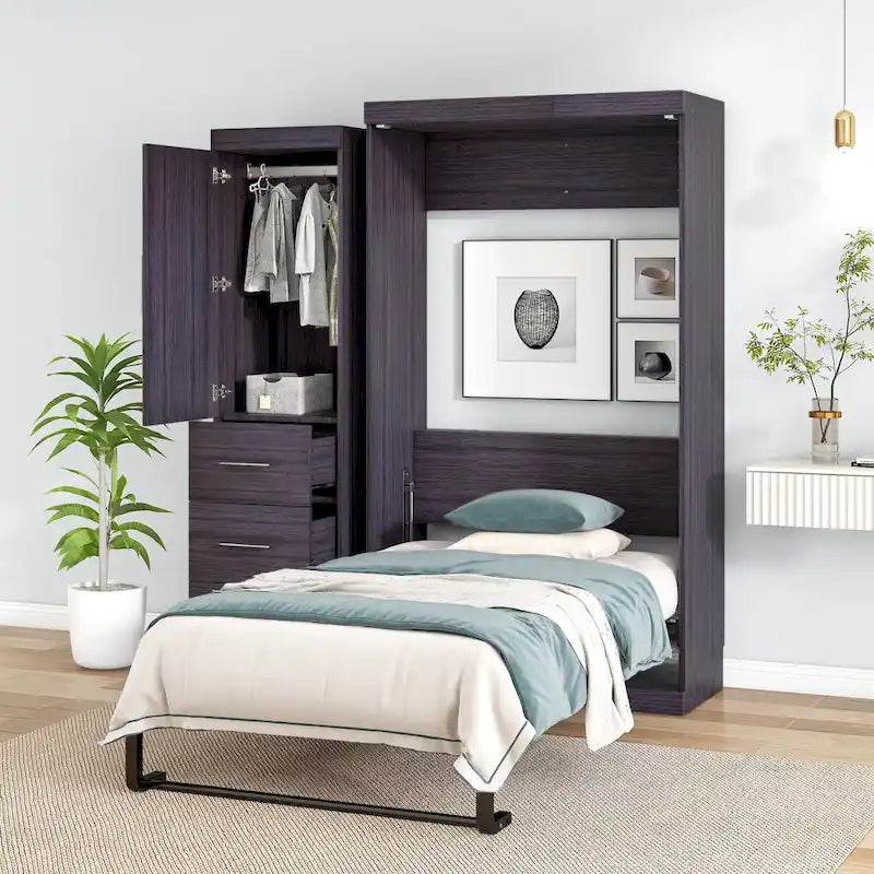 Lit escamotable gris avec armoire et 3 tiroirs, grand lit/lit simple, 1 personne