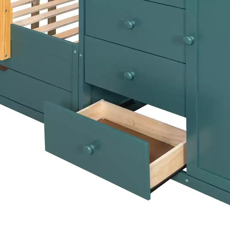 Lit superposé double sur double avec armoire de rangement et tiroirs, lit superposé double en bois peu encombrant avec garde-corps pour appartement, chambre à coucher