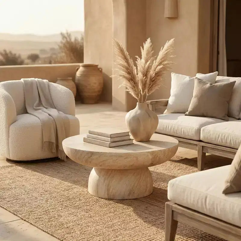 Table basse piédestal ronde en Fiberstone, table d'appoint sculptée pour l'intérieur et l'extérieur avec patins antidérapants