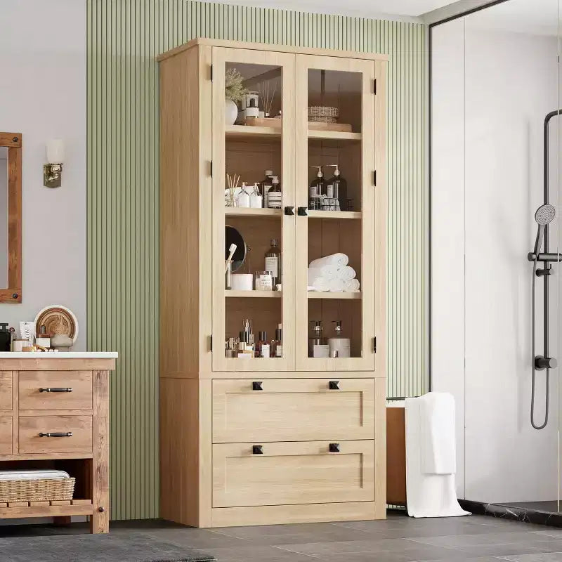 Vaisselier de cuisine de ferme avec portes vitrées, Armoire de rangement de 183 cm avec tiroirs et étagères réglables pour salle à manger, salle de bain, salon