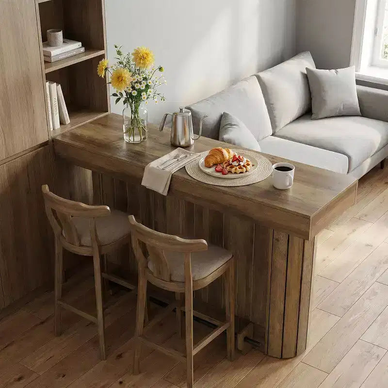 Table de bar Lantine, meuble de bar en bois de 160 cm avec repose-pieds en métal, table de bistrot avec étagères de rangement pour salon, bistrot, salle à manger (marron)