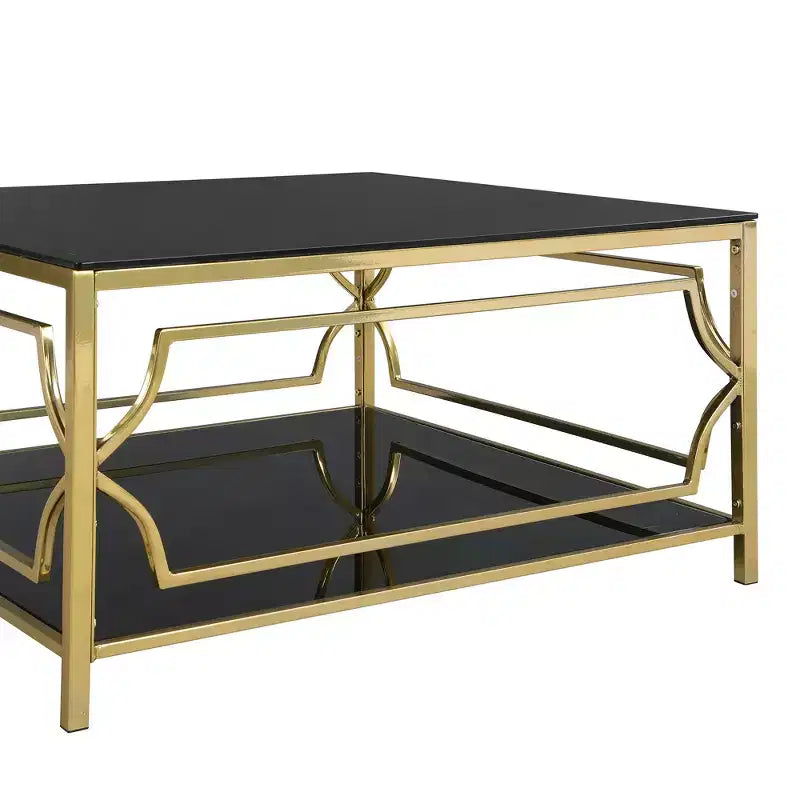 Table basse carrée Merax avec plateau en verre noir ou transparent et étagère de présentation à deux niveaux