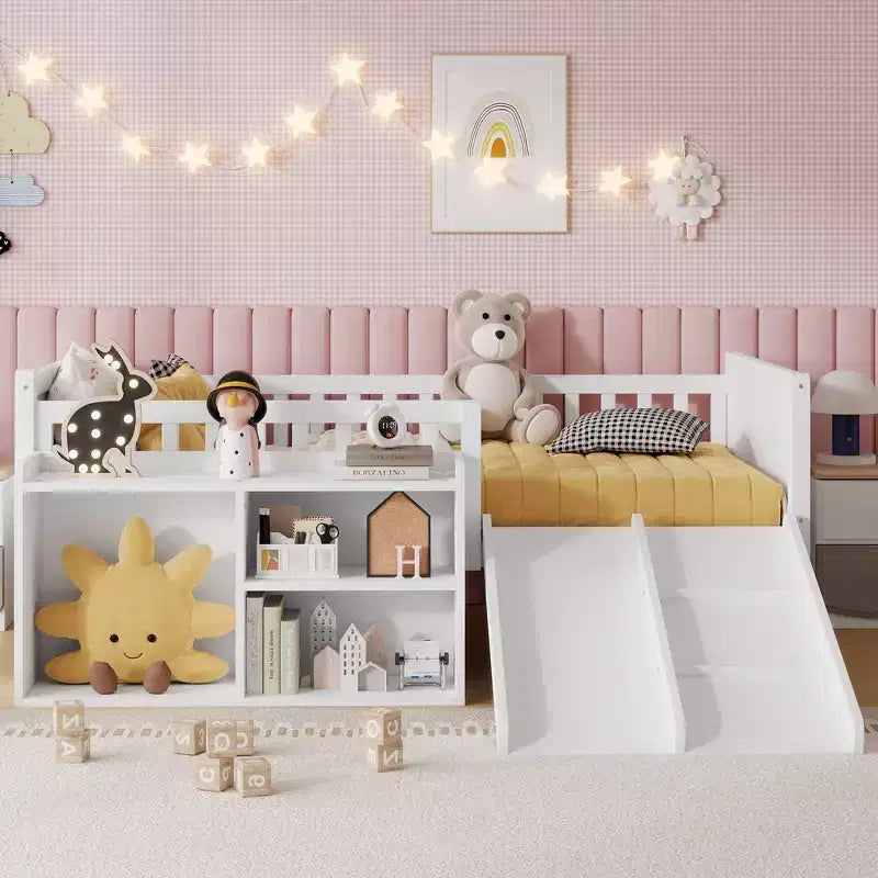 Lit superposé simple Whisen pour enfant avec toboggan, étagère de rangement mobile, balustrades, cadre de lit mezzanine bas