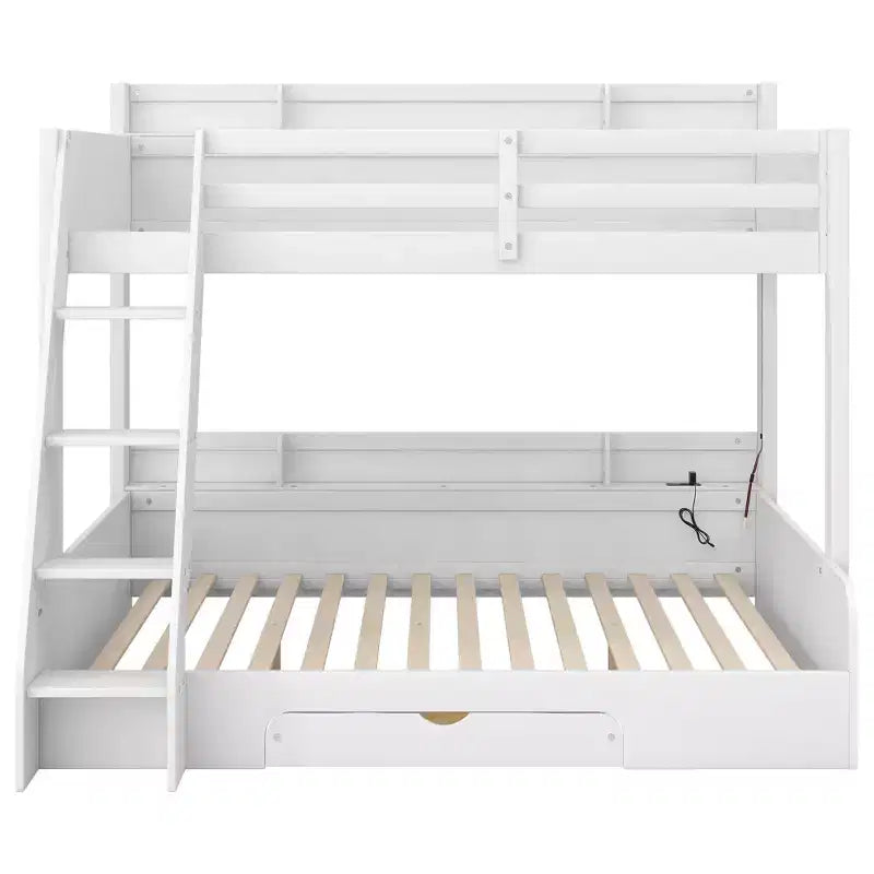 Lit superposé double sur toute la longueur avec rangement, lumières LED et station de charge, lit superposé en bois avec étagères latérales pour enfants et adolescents