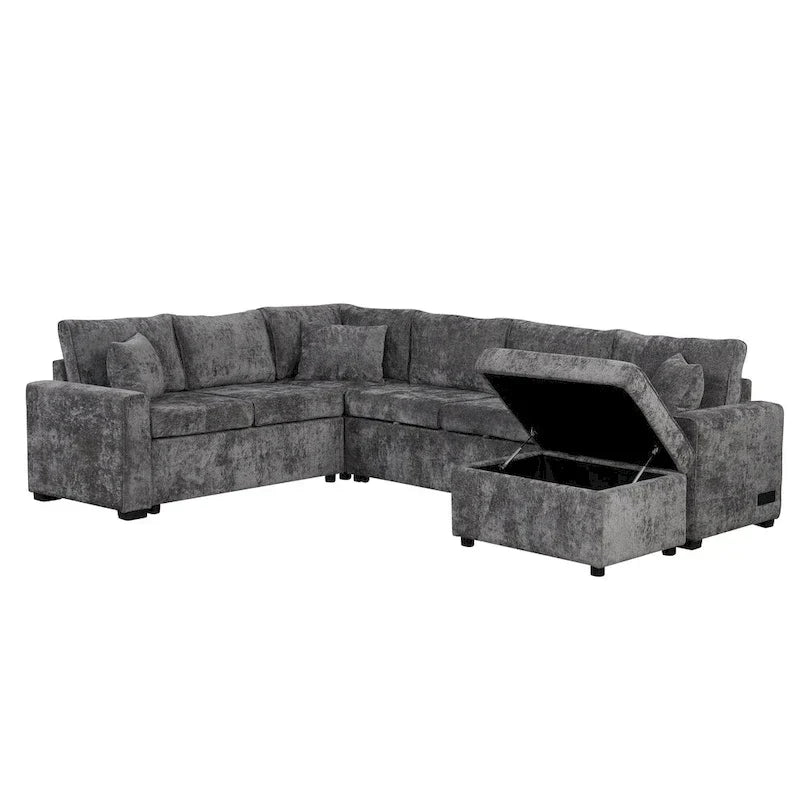 Canapé d'angle en chenille convertible, canapé-lit en forme de L avec pouf de rangement, 3 oreillers et dispositifs de charge