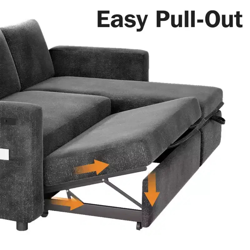 Canapé-lit convertible 2-en-1 avec méridienne de rangement, canapé d'angle en chenille avec ports USB pour salon
