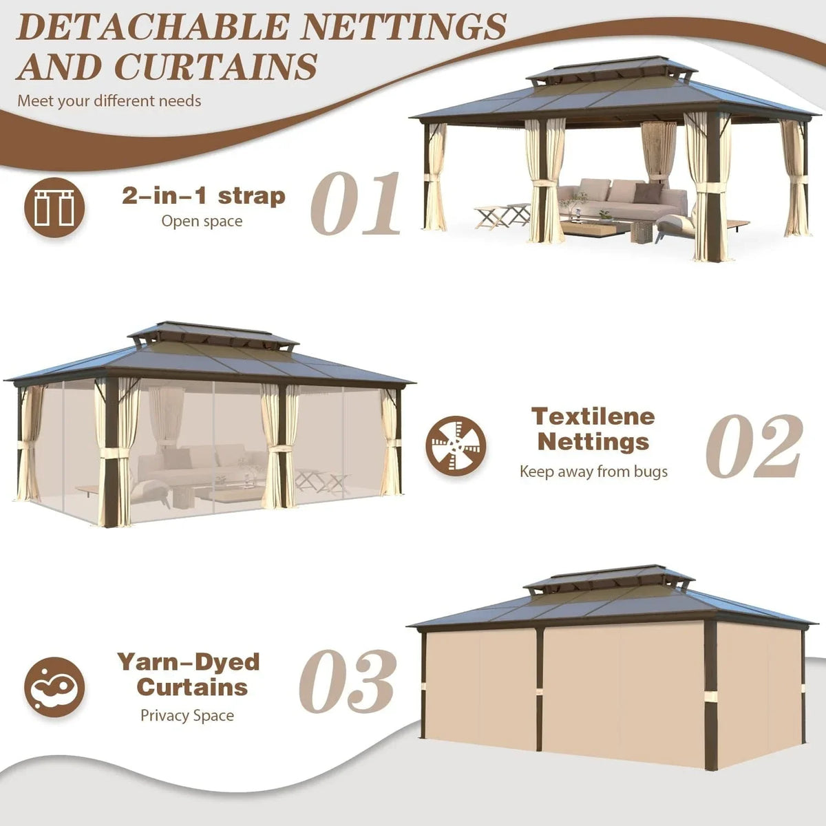 Tonnelle EROMMY à toit rigide, pergola extérieure avec double toit, moustiquaire et rideaux, auvent robuste pour patio, jardin, fête au bord de la piscine
