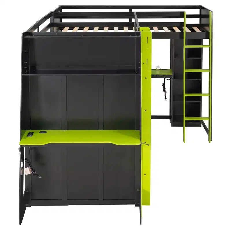 Lit mezzanine de jeu en L avec bureaux, lits superposés doubles avec lumières LED, ports USB, étagères de rangement, lit mezzanine d'angle en bois pour 2 personnes