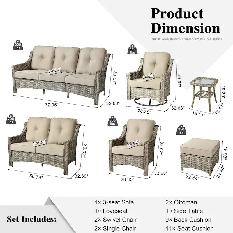 Ensemble de conversation de jardin 9 pièces XIZZI avec fauteuil pivotant