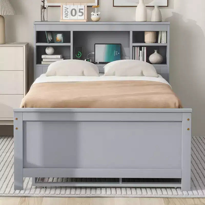 Lit plateforme avec lit gigogne et tiroirs, lit plateforme de rangement avec USB, lit plateforme en bois avec bibliothèque