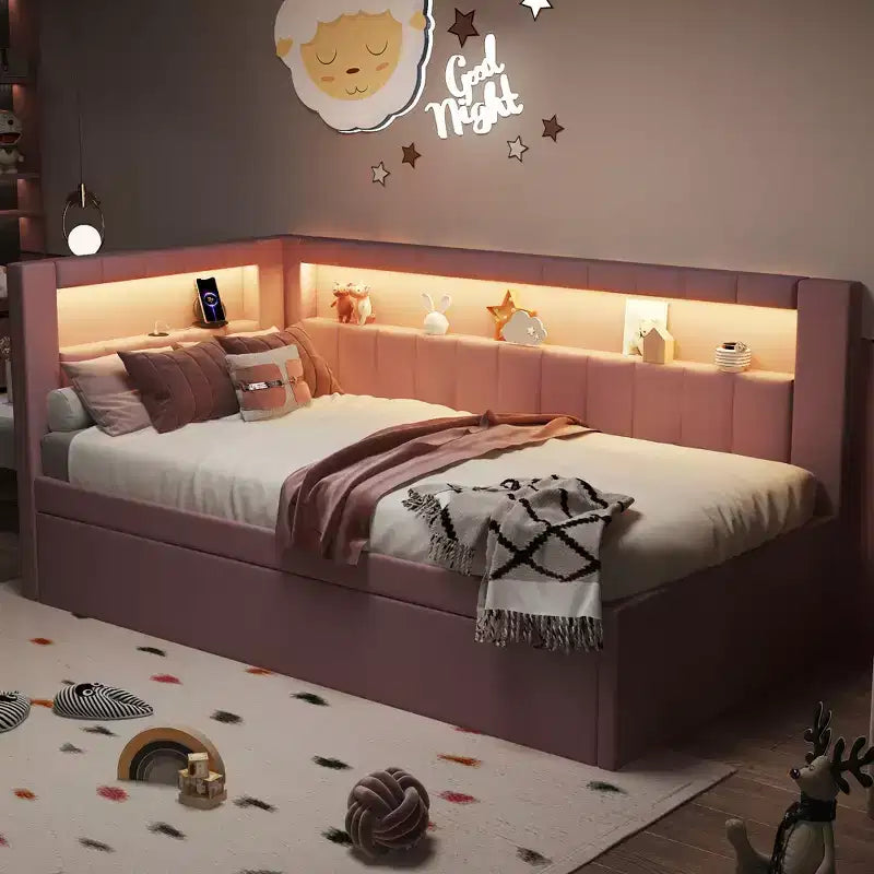 Lit de repos double/complet avec tiroir gigogne et tête de lit bibliothèque en L, lit d'angle doux rembourré en lin avec étagères de rangement et bande LED