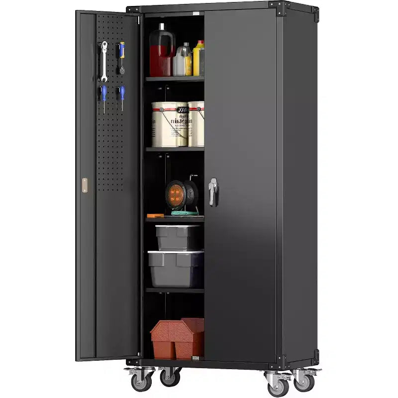 Armoire de rangement de garage avec roues et panneau perforé, armoire de rangement métallique verrouillable de 72 po de hauteur avec 2 portes et 4 étagères réglables pour atelier de garage
