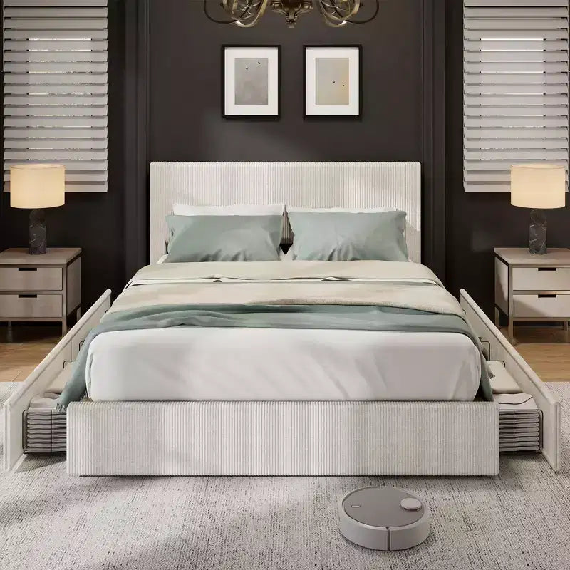 CuisinSmart Cadre de lit en velours côtelé avec tête de lit, cadre de lit rembourré avec plateforme, 4 tiroirs de rangement et support à lattes en bois