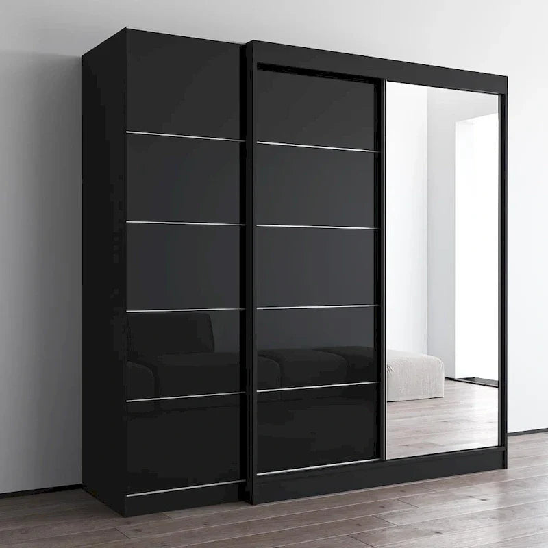 Armoire 2 portes avec miroir, façade vitrée, 2 personnes (Gris / Noir / Blanc)