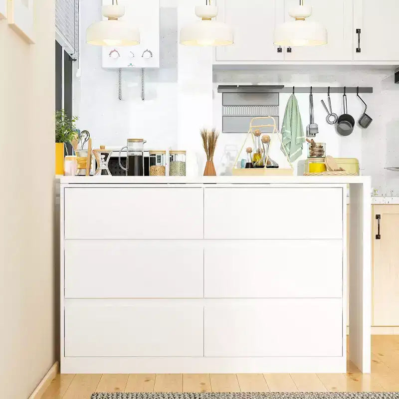 Desserte de buffet intelligente rotative/extensible avec 6 tiroirs, plan de travail étendu, tapis antidérapant, table à manger rotative, îlot de cuisine/garde-manger