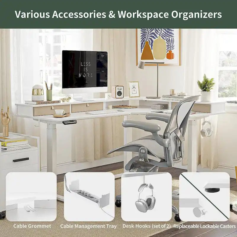 Bureau d'angle électrique debout avec 3 tiroirs et roulettes verrouillables, 160