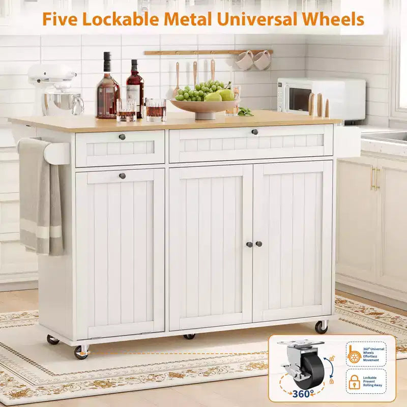 Table îlot mobile 55 avec prise de courant et abattant, chariot de cuisine roulant avec poubelle intégrée pour cuisine