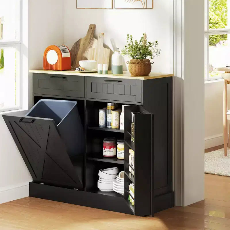 Meuble poubelle coulissant HOMCOM avec tiroirs, meuble de cuisine de style campagnard avec poubelle cachée pour la cuisine